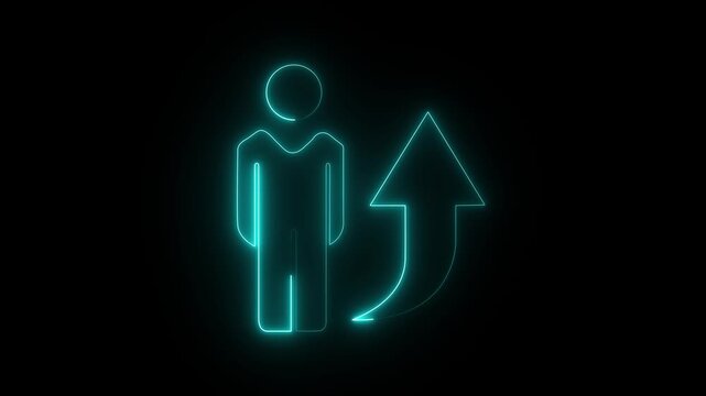 Single man stick figure icon with up arrow  employee, face, leadership network arrow motion graphic concept.