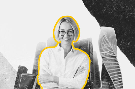 Happy Confident Young Caucasian Woman Smiling With Arms Crossed In Modern Office Environment, Exuding Professionalism And Positivity, Perfect For Various Business Concept Applications.