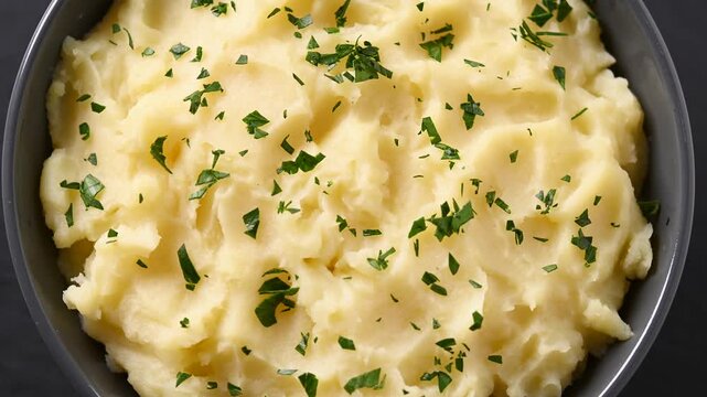 Bowl of creamy mashed potatoes rotating on wooden table