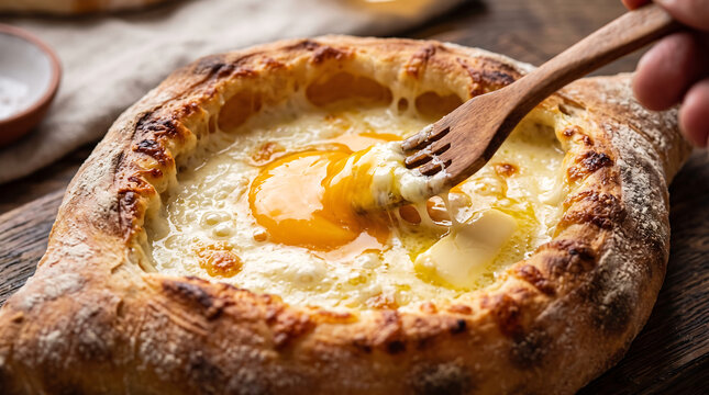 Stirring Raw Egg Yolk and Butter into Freshly Baked Georgian Adjaruli Khachapuri Boat Close-Up