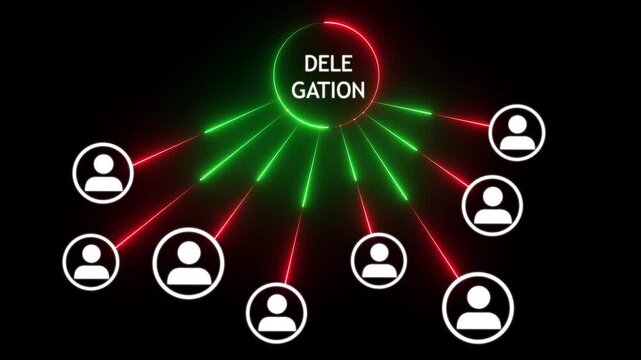 Delegation idea Supervisors delegate work rights to other people on the team. on the black background. delegate, skill, business, concept.