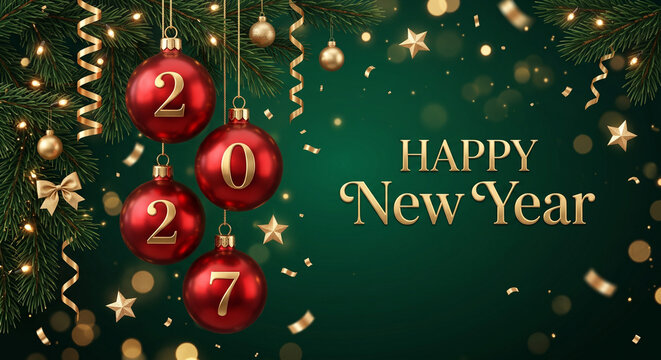 Festive new year celebration with elegant red ornaments and golden decorations
