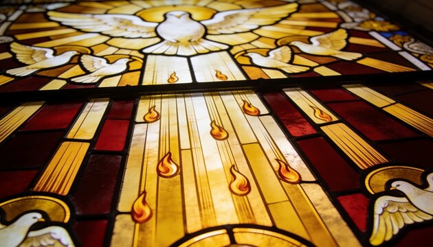 Glowing stained glass panel showing descending white dove and golden rays in chapel, with lead came