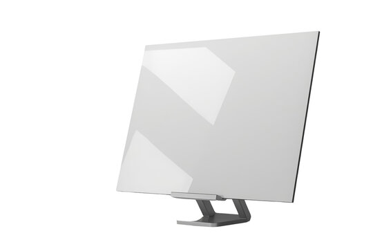 Blank white computer monitor with wide reflective screen and modern stand
