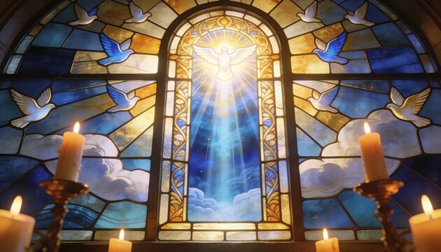 Glowing arched stained glass window showing white dove and sunburst, filling chapel with candles