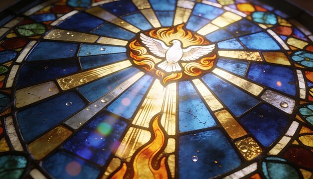 Glowing stained-glass medallion depicting white dove over flames at church window, with droplets