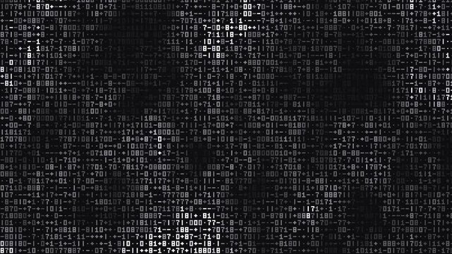 Abstract digital binary code background with glowing white numbers on a dark textured surface representing data stream technology