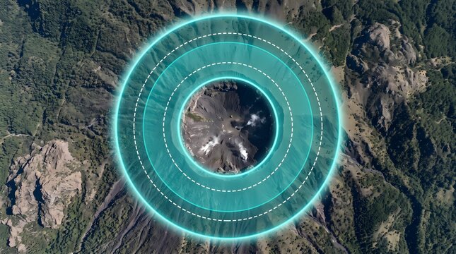 Aerial Satellite View of Mountain Crater with Glowing Teal GIS Buffer Zones for Geospatial Spatial Analysis
