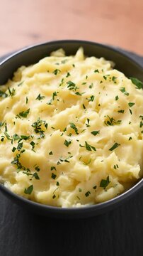 Bowl of creamy mashed potatoes rotating on wooden table