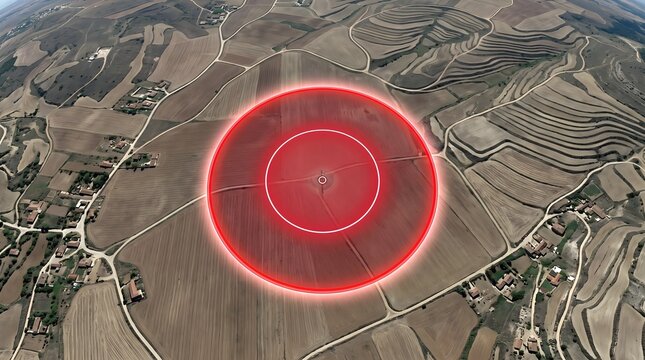 Visualizing a GIS buffer zone on an aerial photograph of agricultural land, depicting a radius for spatial analysis and land use management