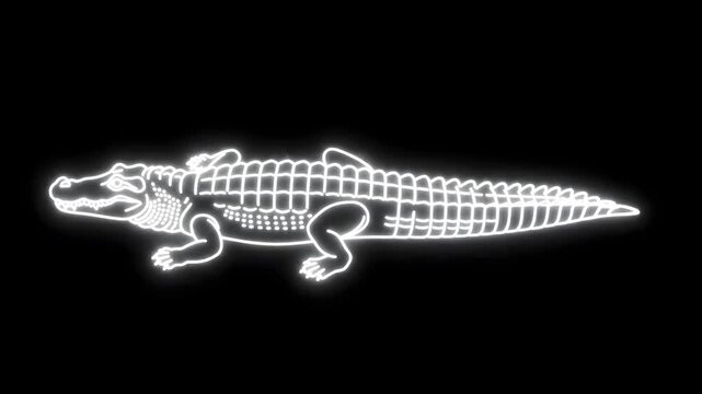 White Neon Line Art Crocodile with Slowly Swaying Tail on Black Background