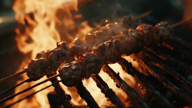 Close-up of skewers with chicken and beef being cooked.