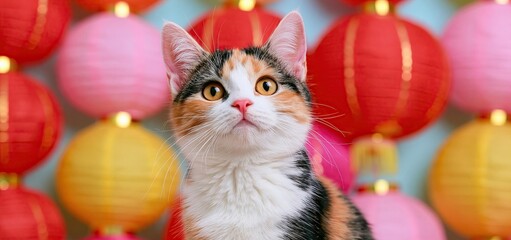 Fototapeta premium Tricolor cat surrounded by bright red lanterns celebrating Lunar New Year with festive holiday decorations.