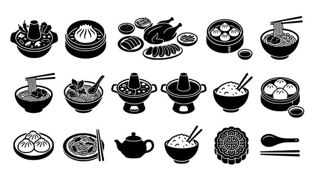 Regional Chinese food black vector symbol set featuring authentic dishes noodles dumplings hotpot and dim sum
