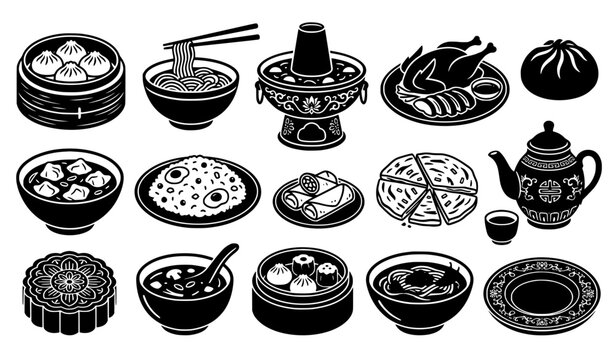 Traditional Chinese cuisine black vector food collection with dumplings noodles hotpot dim sum and tea