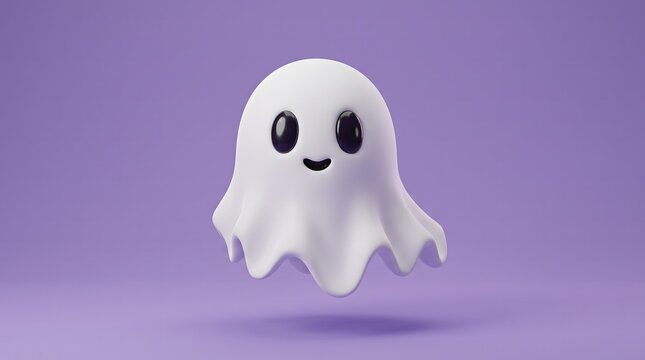 Charming 3d render of a friendly cartoon ghost floating on a soft lavender background for halloween designs