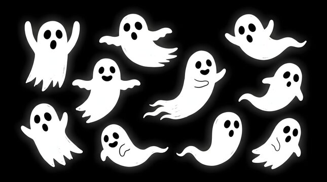 A collection of cute cartoon ghosts floating in the darkness perfect for halloween themed designs and celebrations