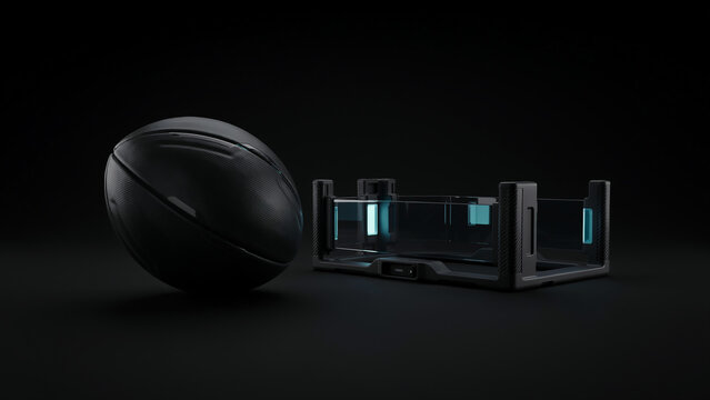Dark textured american football resting next to a futuristic crate structure on a black surface with sci fi football american