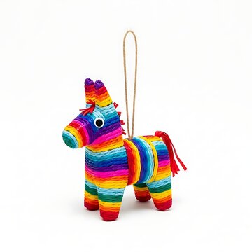 A colorful pinata in the shape of a donkey with a rope hanging from its top