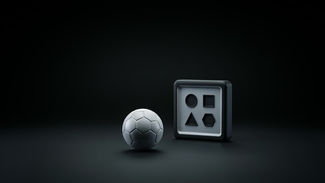 Minimalist conceptual photography of a textured gray ball next to a geometric shape sorting box on dark background with geometry
