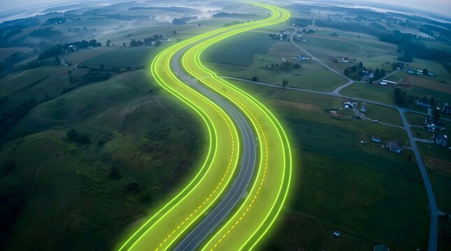 Aerial View of Highway with GIS Buffer Zone Overlay for Spatial Analysis and Infrastructure Planning