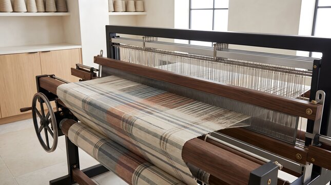 Traditional mechanical loom weaving complex fabric patterns in modern artisanal textile manufacturing studio