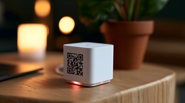 White cube shaped QR code reader sits on wooden surface near potted plant and glowing lights