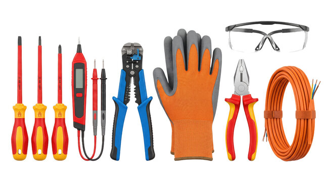 Professional electrician hand tools set on white background. Electrical repair equipment with screwdrivers, wire strippers, and safety gear.