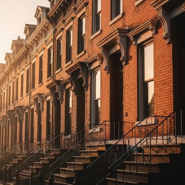 Charming historic brownstone row houses bathed in warm sunlight with black.