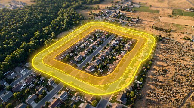 Aerial view of residential neighborhood showing GIS buffer zone mapping for urban planning and environmental risk analysis