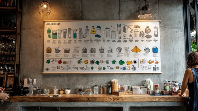 Educational poster about waste sorting recycling displayed on concrete wall. Detailed infographic illustrates various types of waste their proper disposal methods for environmental care sustainability