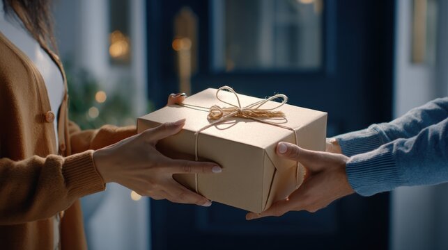 Package Delivery Exchange. A person receives a package from a delivery person at the doorstep, symbolizing logistics and shipping services