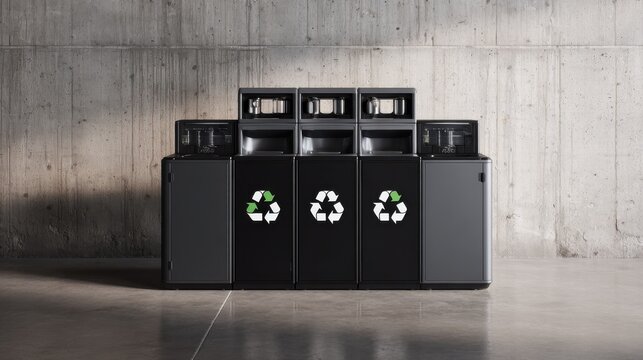 Modern recycling bins universal recycling symbols against concrete wall. Row of sleek, modular recycling bins featuring recycling symbol, designed efficient waste management in urban environments