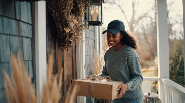 Delivery Person Bringing Package. A smiling delivery person wearing a cap and sweater carries a package to a house doorstep