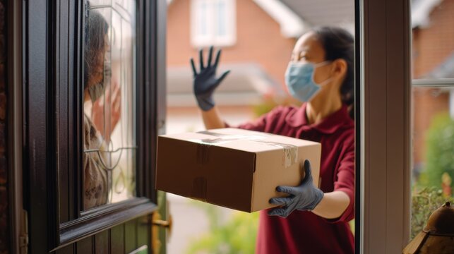 Delivery Person Hands Package. A masked delivery person wearing gloves hands a package to someone inside a home through the doorway
