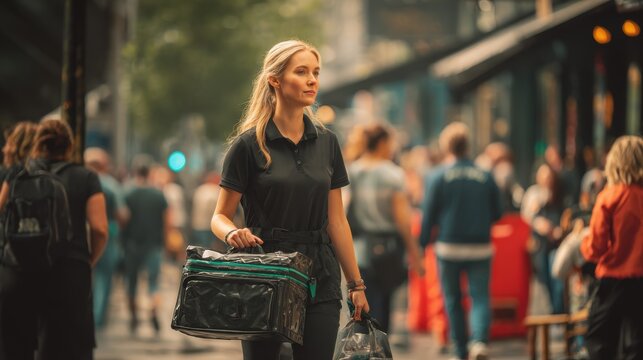 Delivery Person Walking in City. A woman in a black polo shirt carries insulated delivery bags while walking through a busy urban street