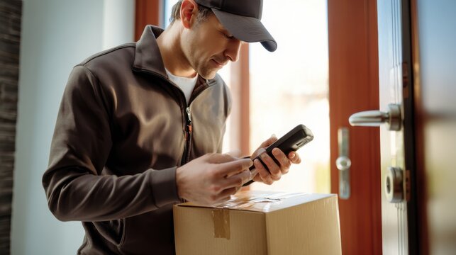 Delivery Man Scanning Package. A delivery person in a cap scans a package with a handheld device at a doorway before completing the delivery