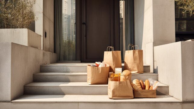 Grocery delivery bags left on the steps of a modern apartment building entrance. Brown paper bags filled with groceries and bread are placed on the steps outside a residential building door