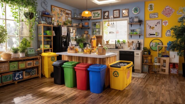 Colorful recycling bins arranged in a modern kitchen for waste sorting and eco-friendly living