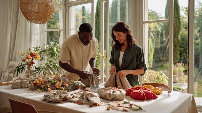 Couple wrapping gifts with fabric in a sunlit room with plants. A man and woman are carefully wrapping presents using reusable cloth and twine in a bright, airy space filled with greenery