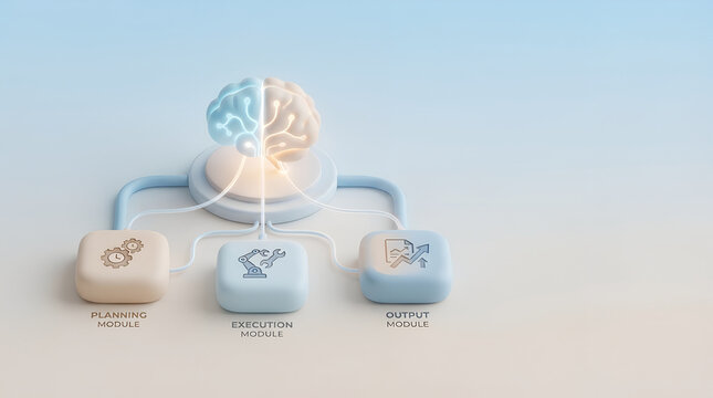 Artificial intelligence agent architecture with central neural network brain connected to planning, execution and output modules. Automated system process diagram for machine learning concept.