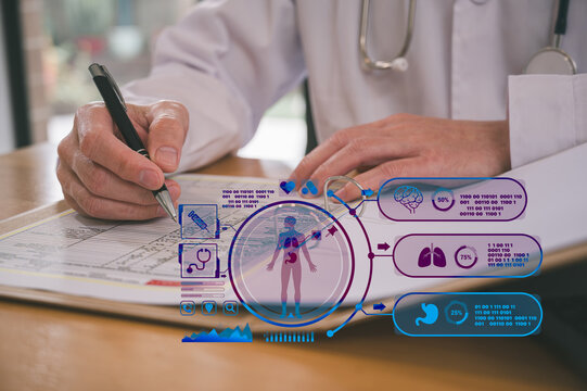 Male doctor wearing white cloth and stethoscope using pen and paper report analysing patient diagnosis data in medicine and healthcare concept