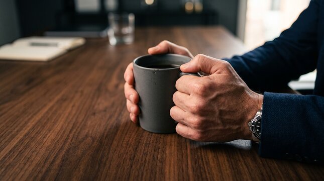Man holding a coffee mug on a wooden desk, representing a moment of calm during National Stress Awareness Day