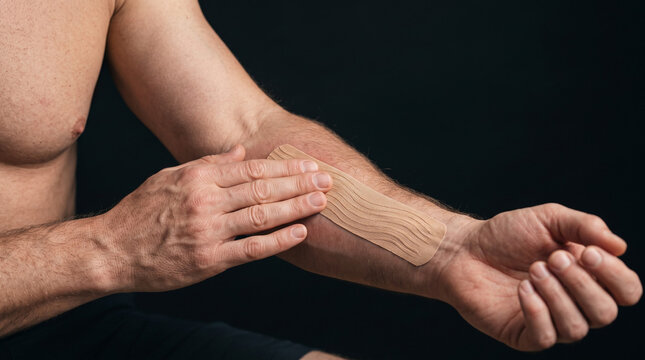 Retrato comercial de alta resoluci&oacute;n, encuadre ajustado en el antebrazo y las manos, mostrando a un adulto aplicando cuidadosamente cinta cinesiol&oacute;gica en su propio antebrazo dolorido