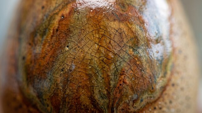 Macro photograph of earthy ceramic glaze with fine crackle pattern and glossy finish