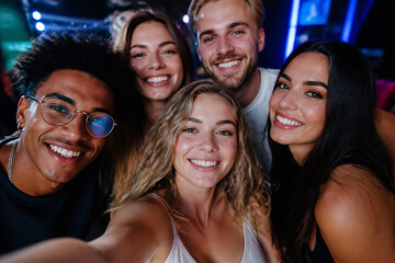 Fototapeta premium A group of young, smiling adults are posing together in a dimly lit, vibrant social setting.