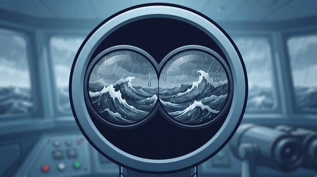 View through binoculars of rough stormy ocean waves and rain. Navigating a ship during severe weather from the bridge control room