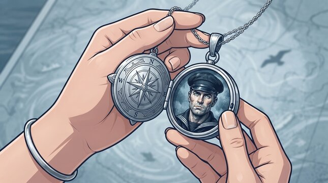 Hands holding an open silver locket with a sailor portrait and compass. Vintage nautical keepsake over a map background. Romantic memory concept