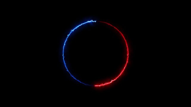 Glowing red and blue electric circle frame with dynamic energy lightning effect neon
