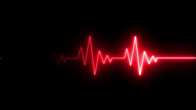 Red neon heartbeat ekg pulse line animation on black background, medical